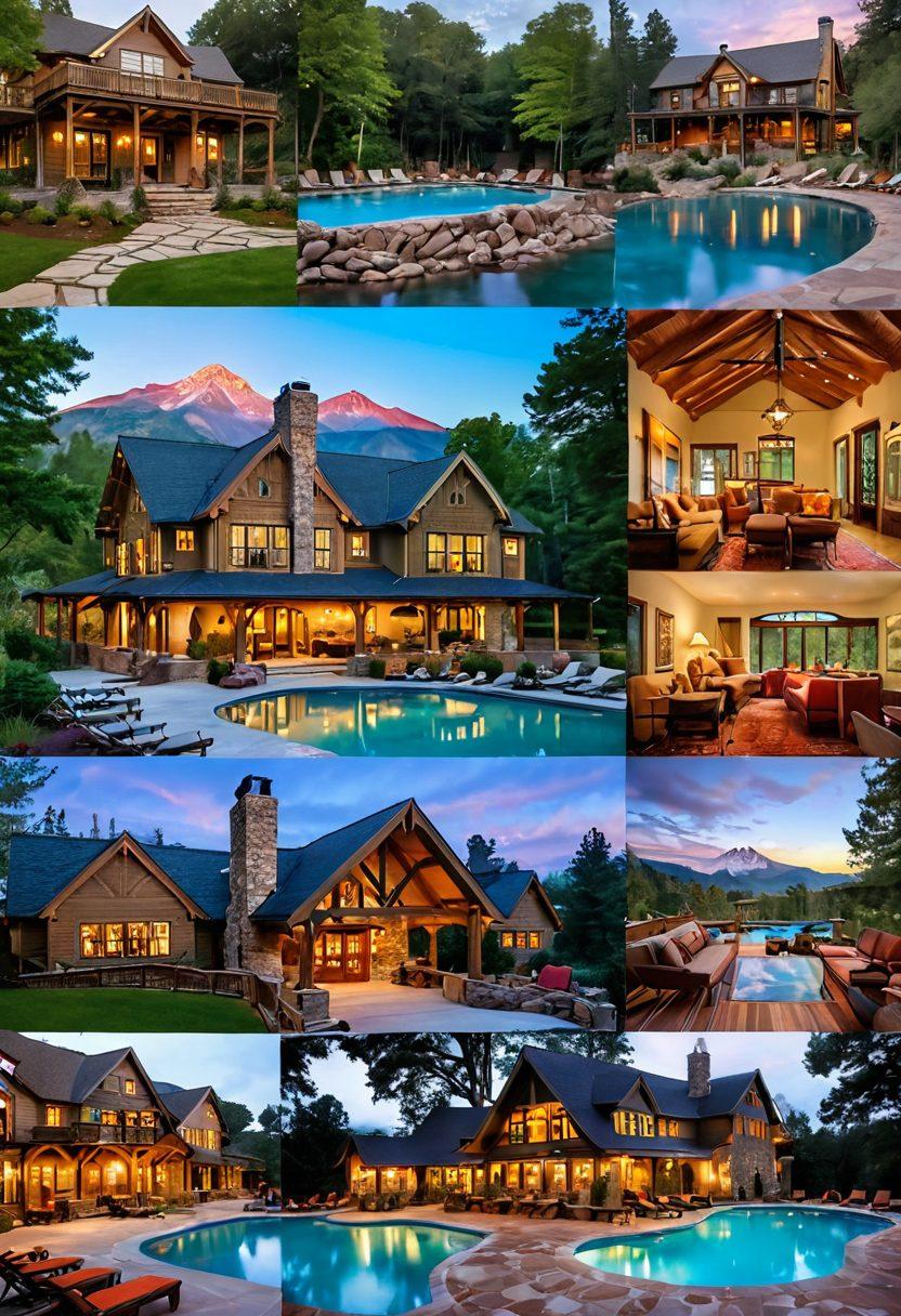 A vibrant collage showcasing various types of US lodging: charming inns with rustic decor, luxurious resorts with sprawling pools, cozy cabins nestled in forests, and modern hotels in bustling cities. Include elements like welcoming porches, beachside lounges, and mountain views to highlight the diversity of experiences. Bright, engaging colors to evoke warmth and adventure. super-realistic. vibrant colors.