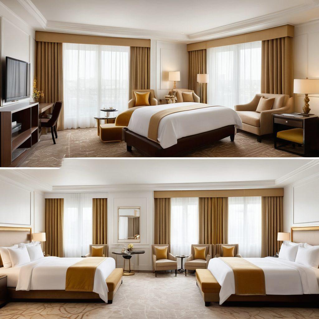 A split design illustrating two contrasting hotel rooms: on one side, an opulent suite with gold accents, plush furnishings, and a stunning view, while on the other, a cozy yet stylish budget room with minimalist decor and practical amenities. In the background, a subtle comparison chart highlights key amenities of each option. The overall tone is inviting and informative. super-realistic. vibrant colors. white background.