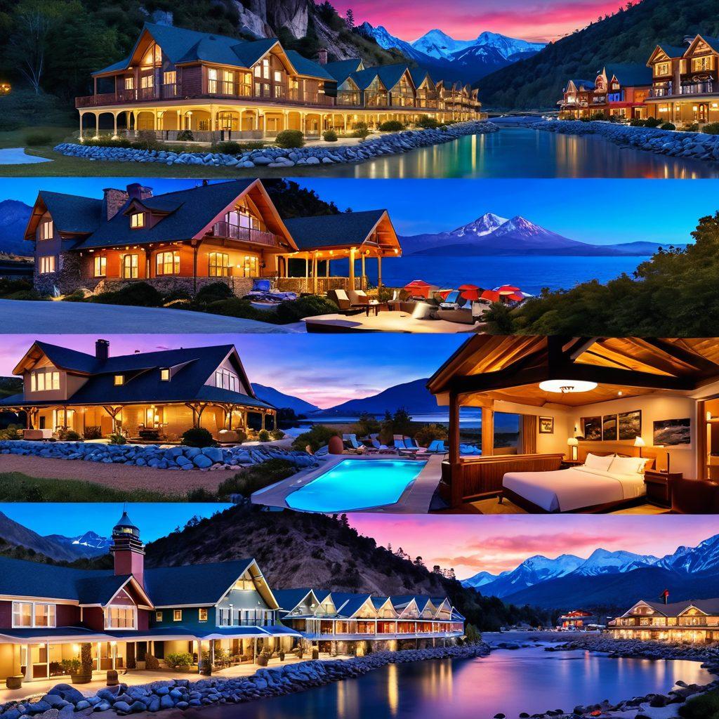 A stunning montage of various luxurious hotels in iconic US locations, showcasing their unique architecture and inviting interiors. Include a cozy motel scene with warm lighting, a vibrant beach resort, and a mountain cabin with a picturesque view. Integrate a traveler looking at a map, embodying the spirit of exploration and comfort. super-realistic. vibrant colors. 3D.